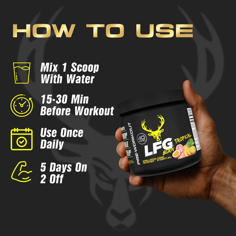 Bucked Up LFG Burn Pre-Workout Powder | Supports Energy & Endurance | Sugar Free | No Proprietary Blends | Tropical Flavour | 40 Servings