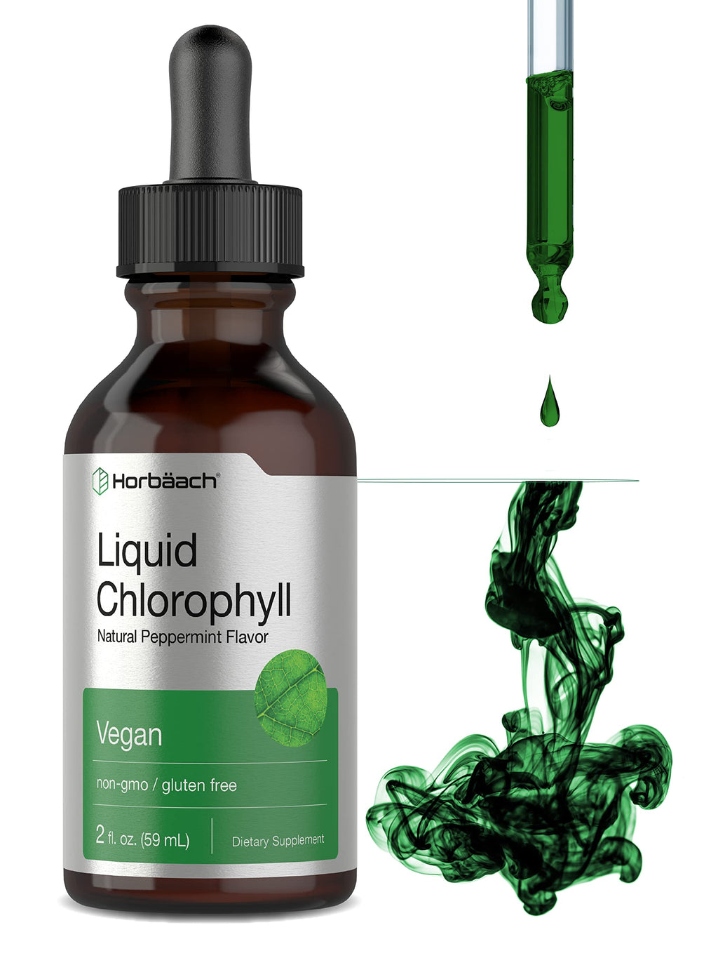 Horbäach Liquid Chlorophyll Drops | 2 oz | Vegan, Non-GMO, and Gluten Free Formula | Natural Peppermint Flavor