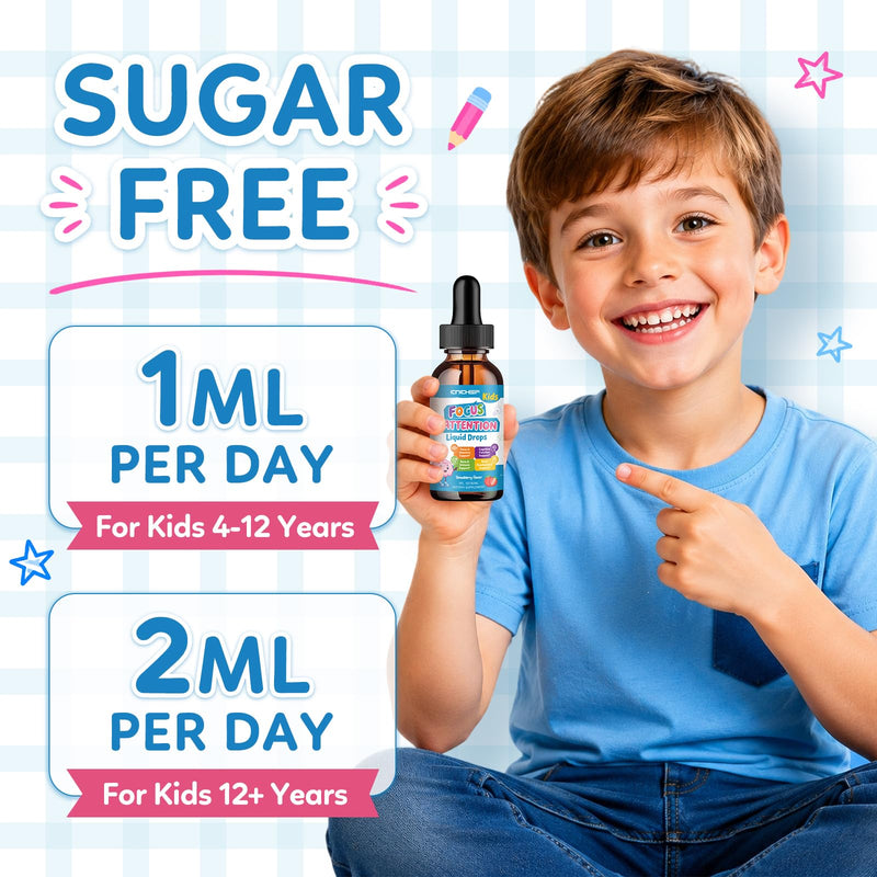 Kids Focus and Attention Supplements with Phosphatidylserine, L-Theanine, Omega-3, Ginkgo Biloba, Kids Multivitamin Liquid Drops, Supports Cognitive, Memory, Calm & Mood, Strawberry, 4 Fl Oz 2 Fl Oz (Pack of 2)