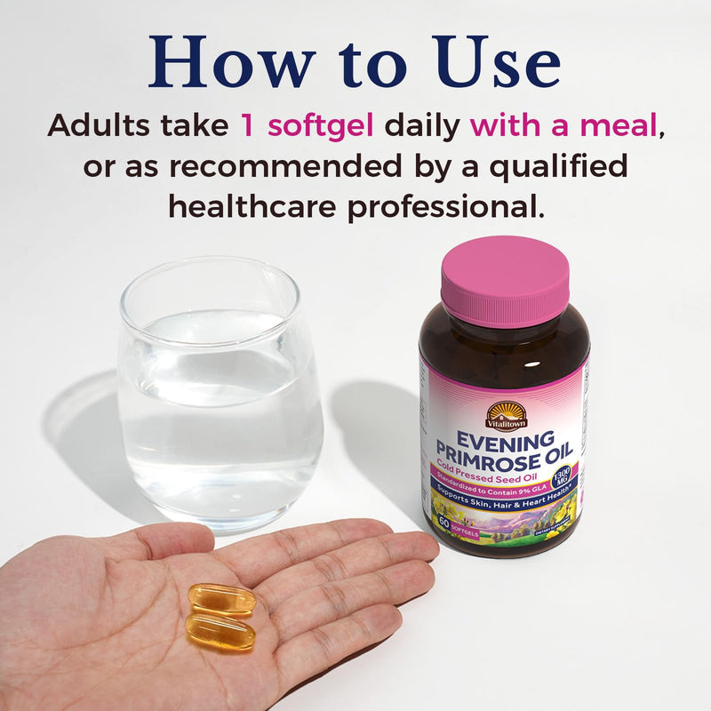 [Australia] - Vitalitown Evening Primrose Oil 1300mg, Cold-Pressed Seed Oil, Standardized 9% GLA (Gamma-Linolenic Acid), Healthy Skin & Hormonal Balance for Women, Non GMO, 60 Softgels 