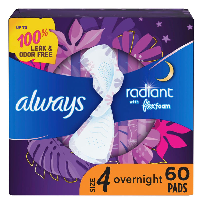 [Australia] - Always Radiant Feminine Pads for Women, Size 4 Overnight Pads, With Flexfoam, with Wings, Light Clean Scent, 20 Count (Pack of 3) Overnight (Size 4) 60 