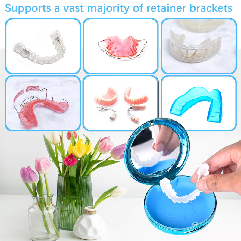 Electroplated Denture Case with Mirror, Portable Retainer Case Compatible with Transparent Braces, Mouth Guard, Orthodontic Retainers, Braces Box Organize and Protect Oral Supplies (Blue) Blue