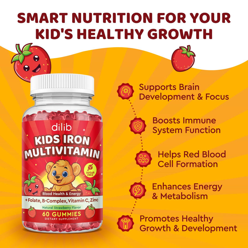 Iron Supplement Gummies for Kids, Kids Multivitamin with Iron Gummies - Zinc, Vitamin B Complex, A, C, D3, B12, Folate for Blood Builder & Energy Support, Iron Deficiency, Vegan Strawberry 120ct 60 Count (Pack of 2)