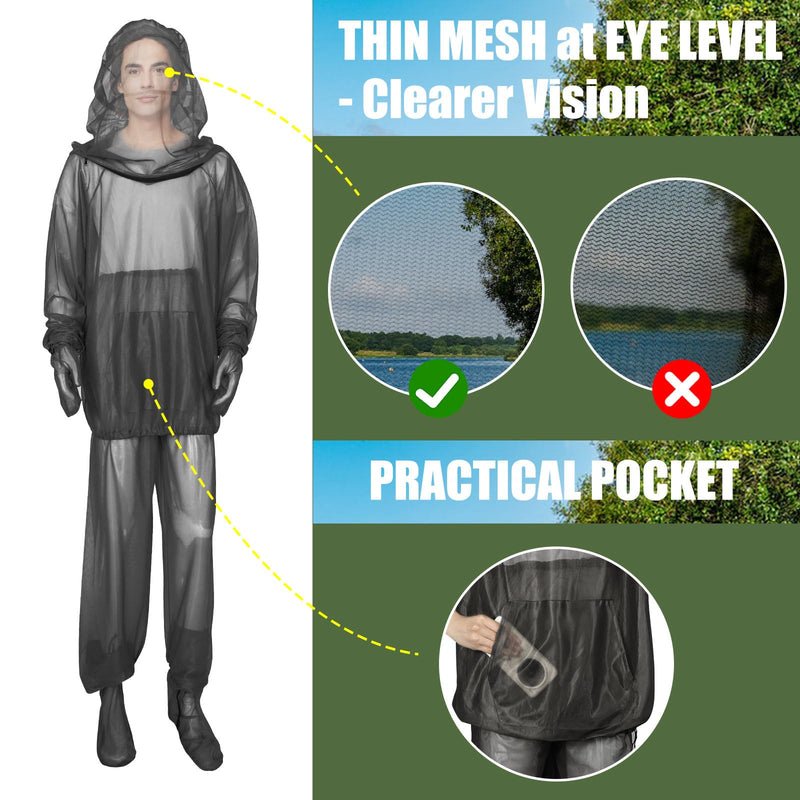[Australia] - HOMEYA Bug Jacket S/M, Anti Mosquito Netting Suit with Zipper on Hood Ultra-fine Mesh Pants Mitt Socks with Free Carry Pouch for Protecting Hunting Fishing Men Women Black Small/Medium 