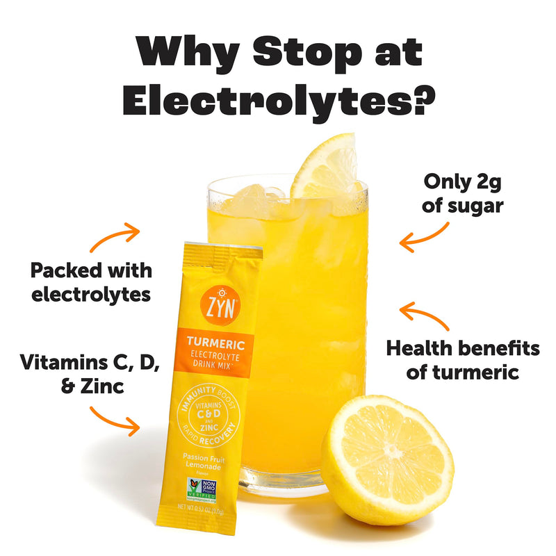 ZYN Turmeric & Electrolyte Packets for Hydration, Passion Lemonade, 16 Ct Passionfruit Lemonade 5.12 Ounce (Pack of 1)