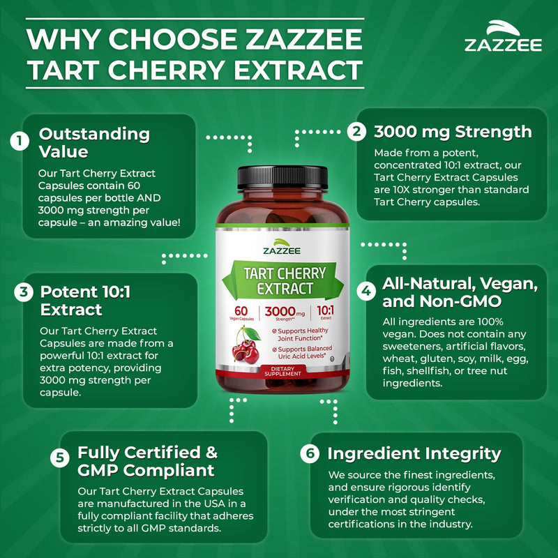 [Australia] - Zazzee Tart Cherry 10:1 Extract, 3000 mg Strength, 60 Vegan Capsules, 2 Month Supply, Certified Kosher, Concentrated and Standardized 10X Extract, 100% Vegetarian, All-Natural, Gluten Free, Non-GMO 60 Count 