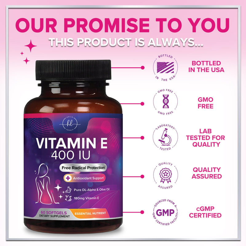 Vitamin E - 180 mg per Serving - Powerful Hair & Skin Support Supplement - dl-Alpha VitaminE Immune Health Support with Antioxidants - Easily Absorbed GMO & Gluten Free, Bottled in USA - 60 Softgels 60 Count (Pack of 1)