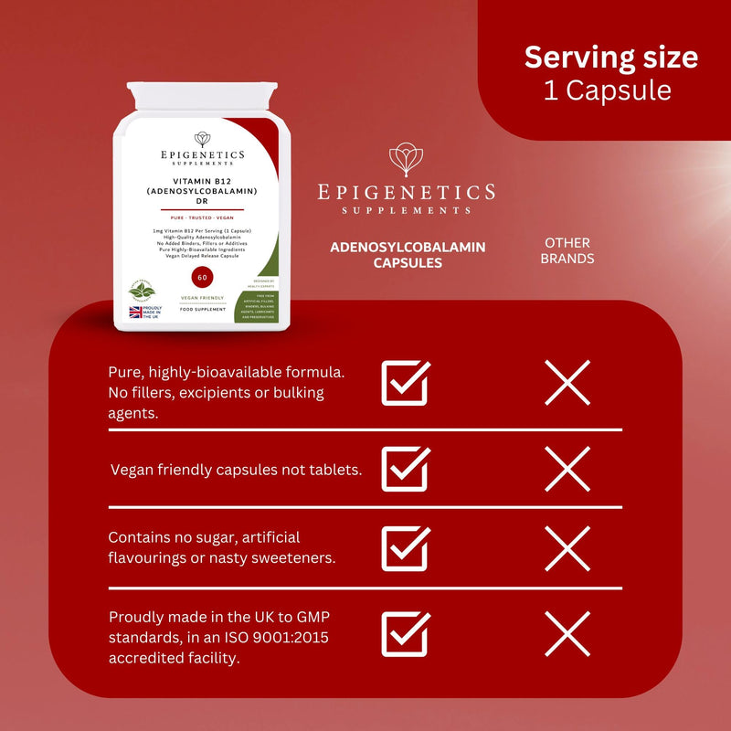 Vitamin B12 Adenosylcobalamin Delayed Release | High Strength 1000mcg Vitamin B12 Supplement | 60 Vegan Friendly Capsules | Made in UK by Epigenetics Supplements