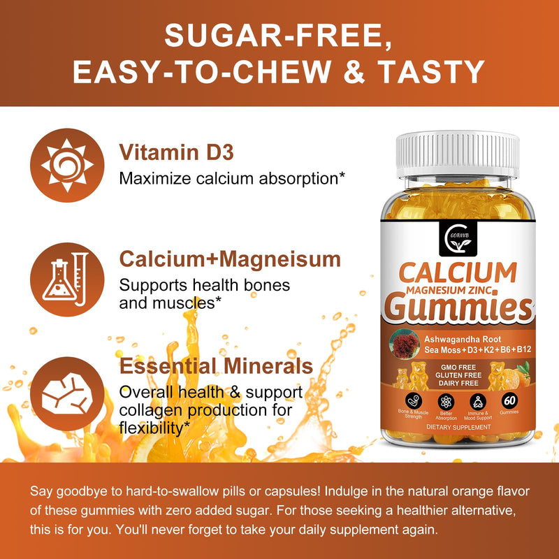 1200mg Calcium Gummies with Vitamin D3,K2,B12 & B6 - Plant Complex Calcium Magnesium Supplement with Glycinate,Potassium,Sea Moss,Ashwagandha Root for Bone & Teeth Strength, Muscle & Immune-2 Pack 60 Count (Pack of 2)