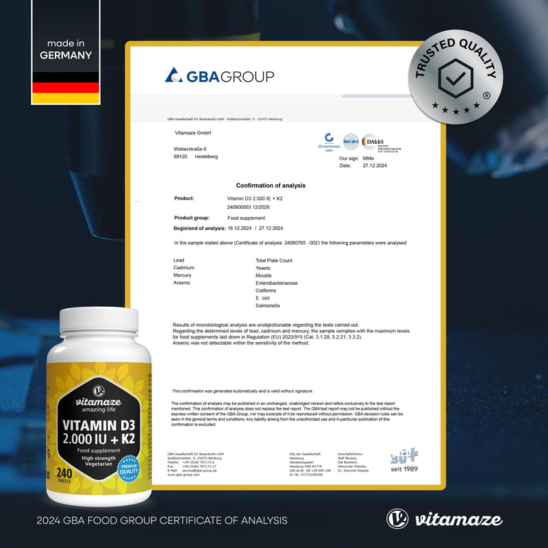 Vitamaze® Vitamin D3 K2 high dose, 2000 IU Vitamin D3 + 100 mcg Vitamin K2 MK7 All Trans, 240 Tablets Vitamin D Without Unnecessary additives, Made in Germany
