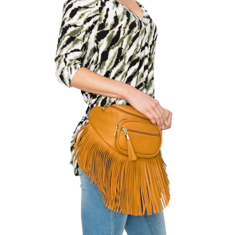 Fringe Waist bag for women with Multi Zipper Pockets Orange