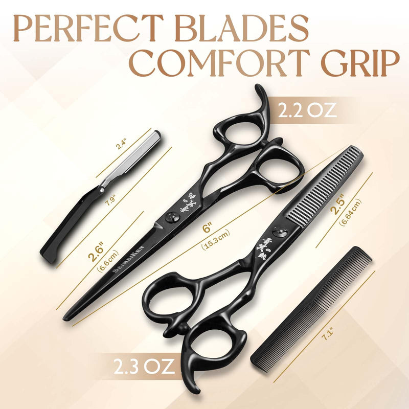 6.0 Inch Black Professional Hair Cutting Scissors and Thinning Shears Kit - 6” SUS440A Stainless Steel Hair Shears, Barber Scissors - Hair Cutting Kit for Salon & Home Use