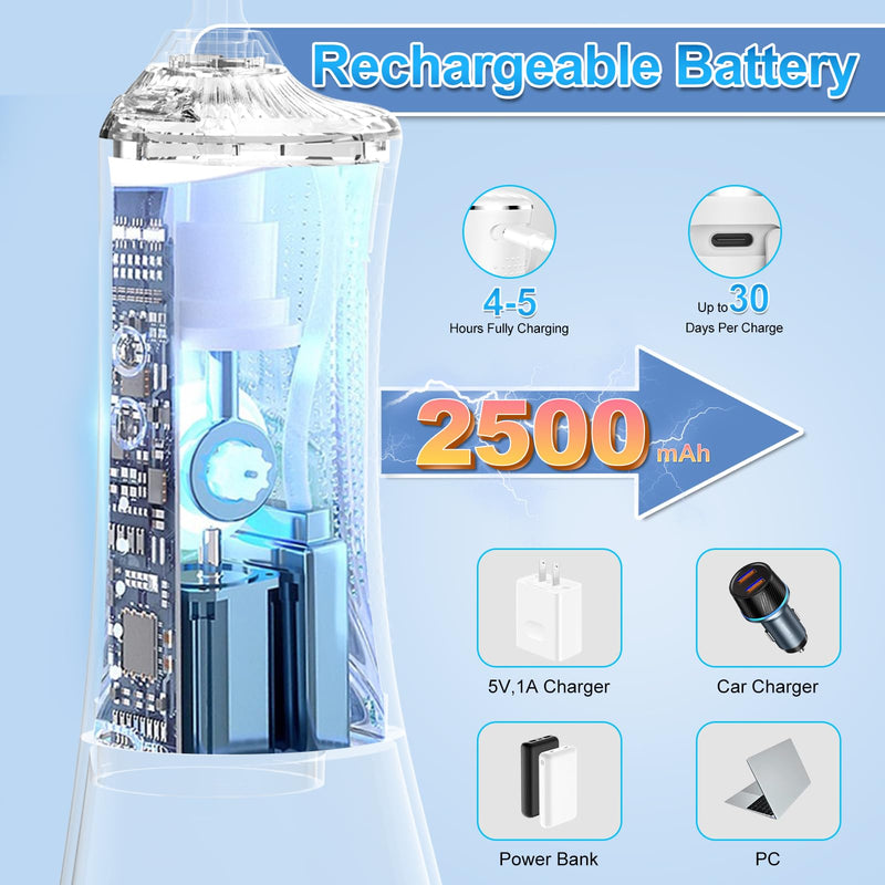 [Australia] - H2ofloss Water Dental Flosser for Teeth Cordless,300ML Portable & IPX7 Waterproof Teeth Cleaner Picks,5 Modes Rechargeable Oral Irrigator with Refilled Nozzle for Home/Travel White 
