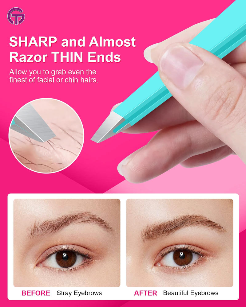 Expert Eyebrow Hair Removal Tweezer with Leather Case, GlamTweeler High Precision Slant Tip Stainless Steel Tweezers for Men and Women (Robin's Egg Blue) Robin's Egg Blue