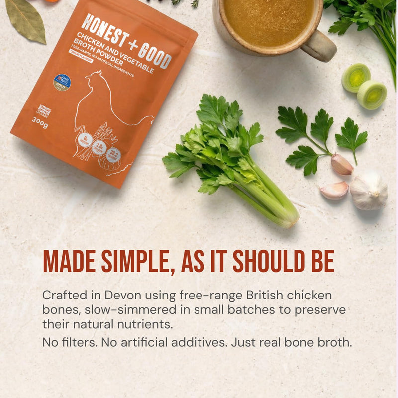 Honest + Good Chicken & Vegetable Bone Broth Powder - 300 g | 1 Month Supply | UK Made Gold Award Winner | Made With Free Range Chicken | Type II Collagen & Protein Promote Hair Skin Nail & Gut Health
