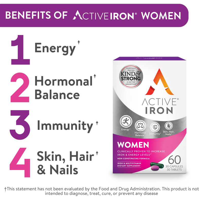[Australia] - Active Iron for Women, Non-Constipating, 30 Active Iron High Potency Capsules with 30 Multivitamin Tablets, Helps Strengthen Your Immune System 1 Count (Pack of 1) 
