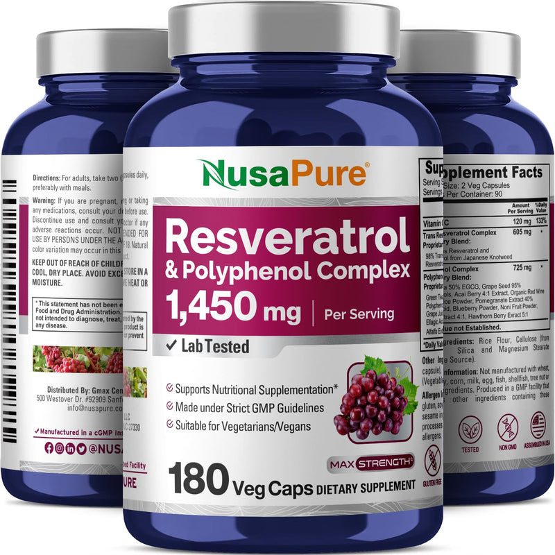 [Australia] - NusaPure Resveratrol & Polyphenol Complex 1450mg 180 Vegetarian Caps (Non-GMO, Vegan) Vitamin C 
