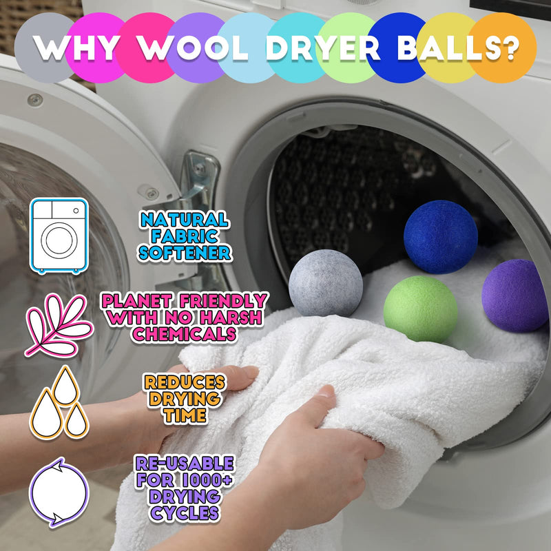 [Australia] - 10 Pack Wool Dryer Balls XL 3 Inch Reusable Laundry Balls for Dryer Natural No Lint Fabric Softener Replaces Dryer Sheets Wool Balls for Reduce Wrinkles Save Drying Time Rainbow Blast 