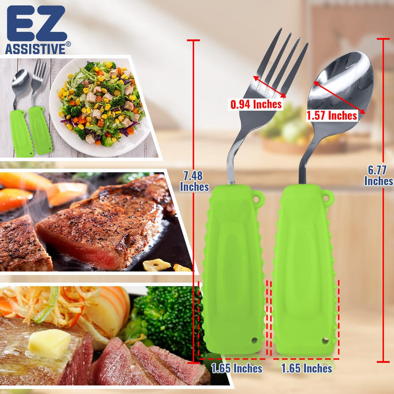 Adaptive Easy Grip Cutlery Set for Arthritic Hands - Spoon and Fork for Tremors, Parkinson, Disabled and Elderly Adults - Daily Living Assist 1 Set Green Left Hand
