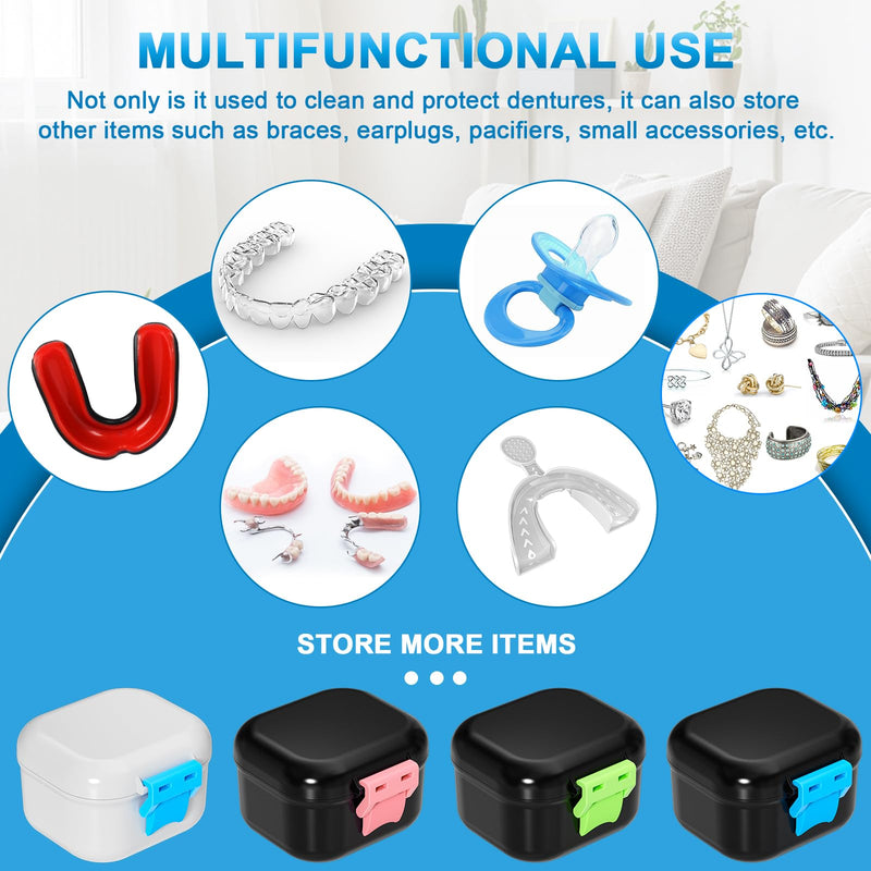 [Australia] - Leak Proof Denture Cup, Travel Denture Holder Case for Soaking Dentures, Portable False Teeth Container with Strainer, Retainer Cleaner Case, White + Blue. 