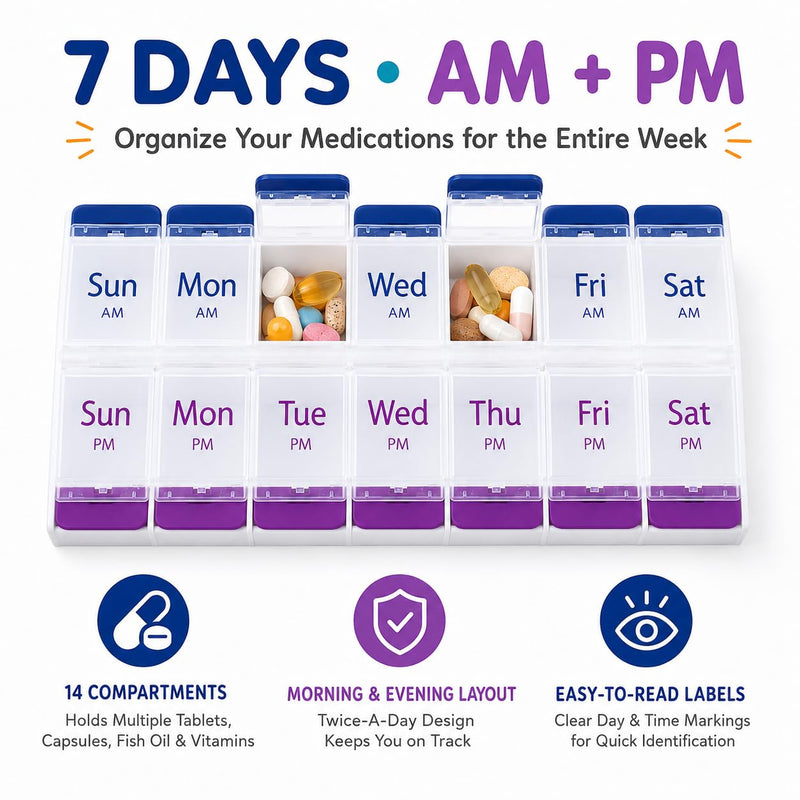 Jumbo AM PM Pill Organizer 7 Day - Weekly Pill Box 2 Times a Day | Push-Button Easy Open Clear Lids, BPA Free Plastic for Vitamins, Supplements and Medication