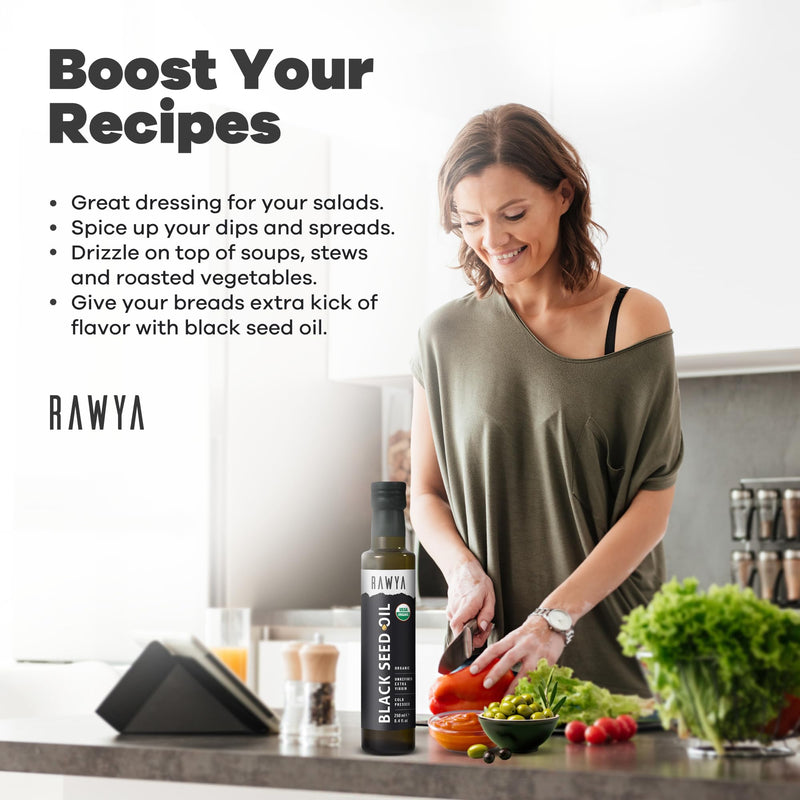 [Australia] - Black Seed Oil, Organic, 8.4 Fl Oz, RAWYA, Extra Strong Taste, High TQ, Cold Pressed, Glass Bottle, Nigella Sativa Oil, Non-GMO, Black Cumin Seed Oil, also known as Kalonji Oil, Nigella Oil 