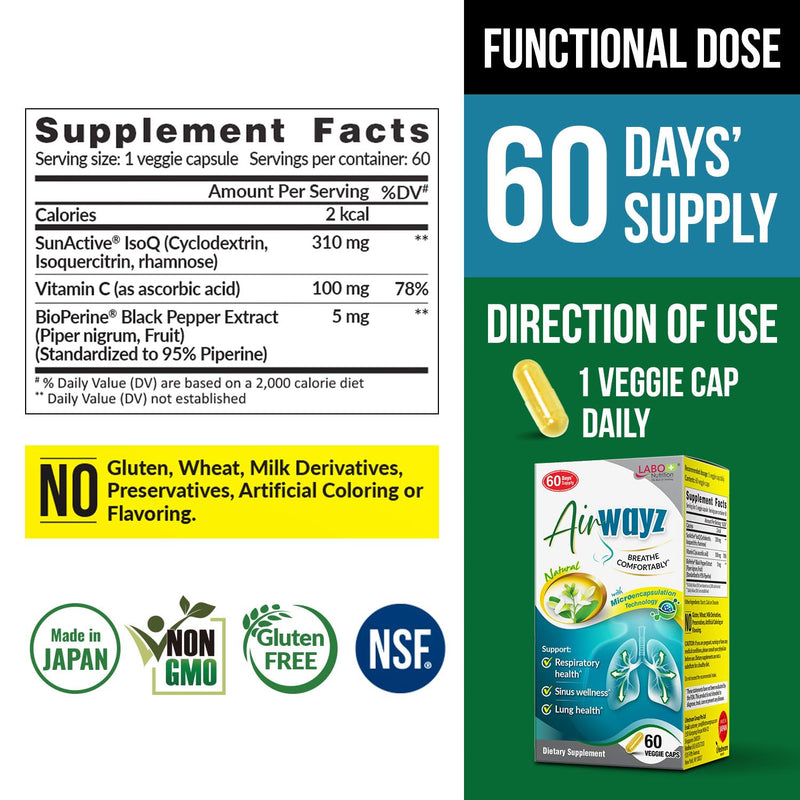 LABO Nutrition AirWayz Quercetin Respiratory & Seasonal Immune Wellness | 60 veggie capsules. 60 days' supply, Microencapsulated SunActive IsoQ quercetin with vitamin C & Bioperine black pepper
