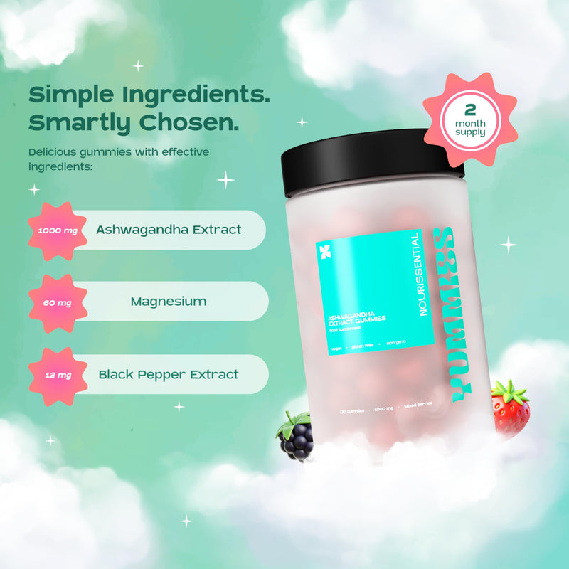 Ashwagandha Gummies 1000mg with Magnesium - 120 Vegan Mixed Berry Gummies - Adaptogen and Tiredness Support - 2 Month Supply