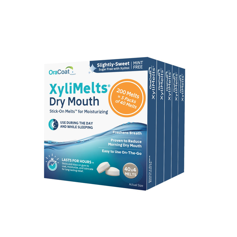 OraCoat XyliMelts Dry Mouth Relief Moisturizing Oral Adhering Discs 40 Count, 5 Pack, Slightly-Sweet with Xylitol, for Dry Mouth, Stimulates Saliva