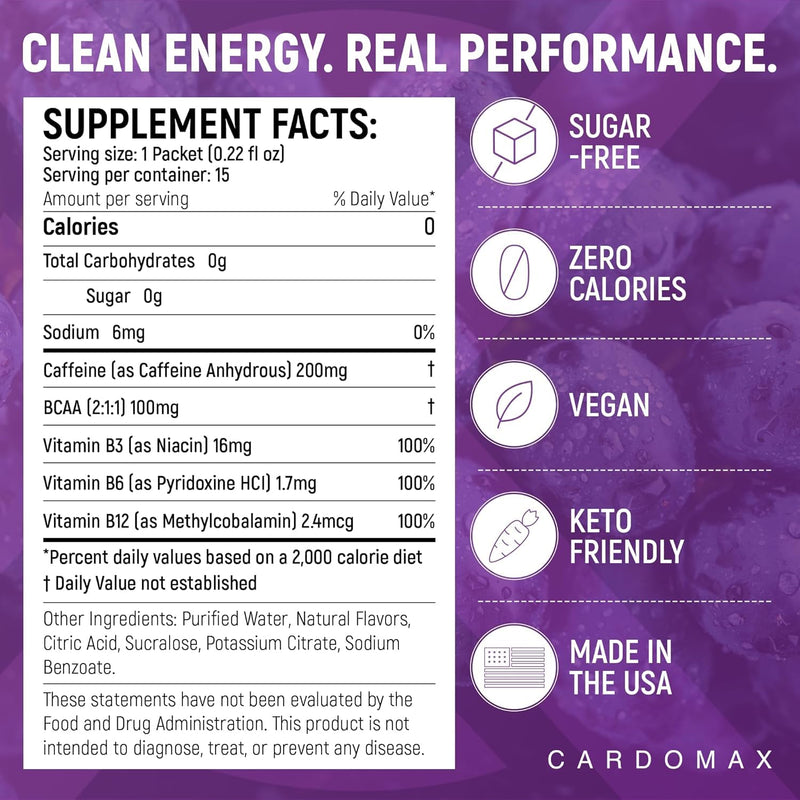 CardoMax Caffeine Packets, Grape, 15 Liquid Stick Packs | Energy Drink Packets with 200 MG Liquid Caffeine, BCAA, Vitamin B12 & B6, Sugar-Free, Zero Calorie, Vegan & Keto
