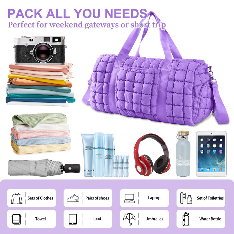 Quilted Travel Duffle Bag Gym Bag for Women,Large Puffer Duffle Weekender Bag with Compartment,Workout Overnight Carry on Organizer Bag Duffle Bag for Airplane Travel(Purple) Purple Medium