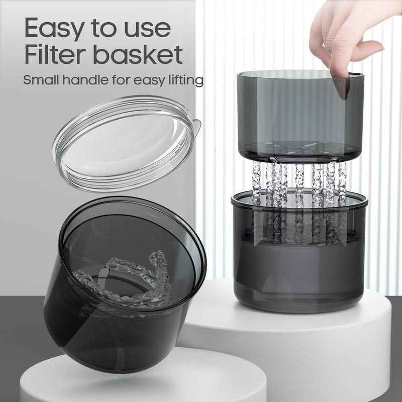 Denture Case, Denture Bath Cup with Brush, Denture Container Cups for Soaking Dentures, Retainers, Mouth Guard Storage Case, Denture Cleaning Holder Box - Black