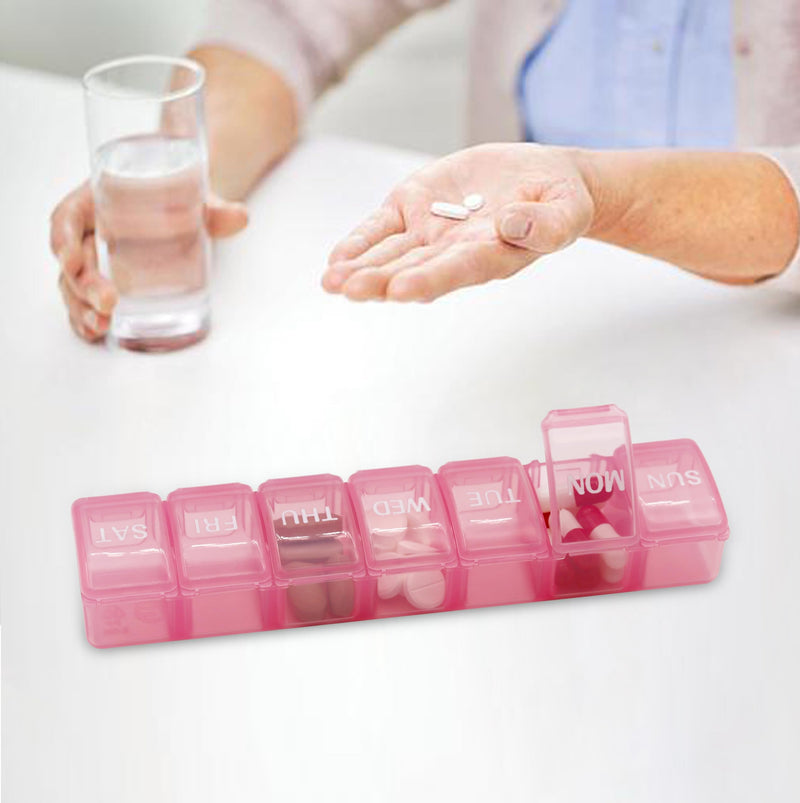 2 PCS Large Weekly Pill Organizer, 7 Day Daily Pill Box Case Easy to Open, Silkscreen Printed Medicine Container with Clear Lid for Vitamins, Fish Oils or Supplements (Pink) Pink