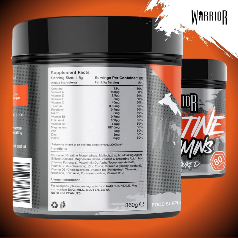 Warrior Creatine Monohydrate 360g (80 Servings) – Creatine Powder + Multivitamin with Magnesium & Vitamin D – All-in-One Gym & Sports Performance Formula for Strength, Muscle & Energy – Unflavoured