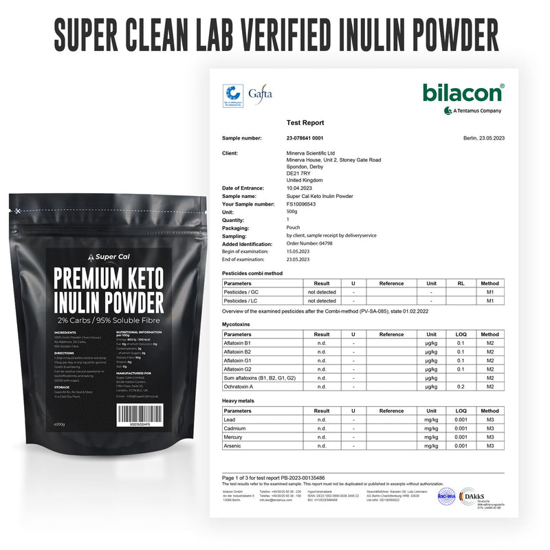Super Cal Keto Inulin Powder 200g | 95% Fibre / 2% Carbs | Lab Tested Soluble Fibre Supplement | Great Sleep Supplement + Aids Gut Health | Pure Chicory Prebiotics Fiber - EU Sourced