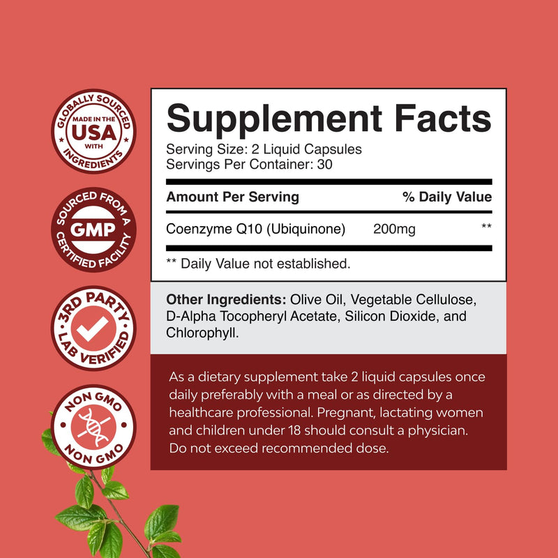 CoQ10 Liquid Capsules Supplement - High Absorption Coenzyme Q10 with 200mg per Serving - Heart Health and Potent Energy Support - CoQ10 Supplement for Fertility and Immune System Support - 60 Count