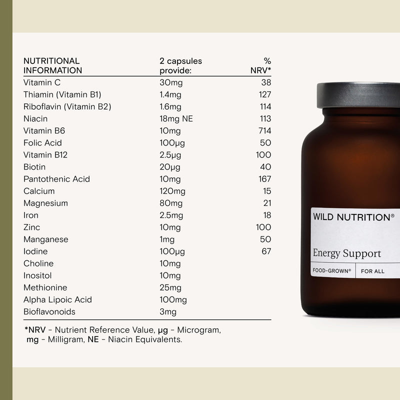 WILD NUTRITION Food-Grown Energy Support | with Iron, Vitamin C, and Magnesium - Ethically Sourced - Maintain Energy Levels + Immune Support - 60 Capsules