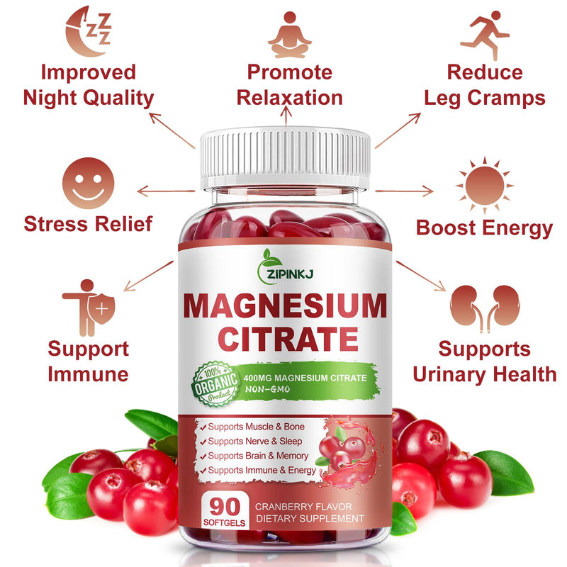 Magnesium Citrate Supplements 400mg for Women & Men, 90 Count | Magnesium Citrate with Vitamin D3, B6 and Cranberry Extract High Absorption for Night Quality, Muscle & Bone, 45 Servings 90 Count (Pack of 1)
