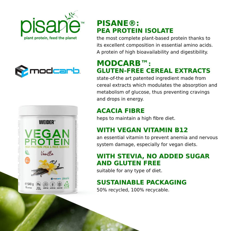 Weider Vegan Protein (540g) Vanilla Flavour. 23g Protein/dose, Pea Isolate (Pisane) & Rice Proteins. with Vitamin B12 & Stevia. Gluten Free, Sugar Free. Packaging 50% Recycled, 100% Recyclable