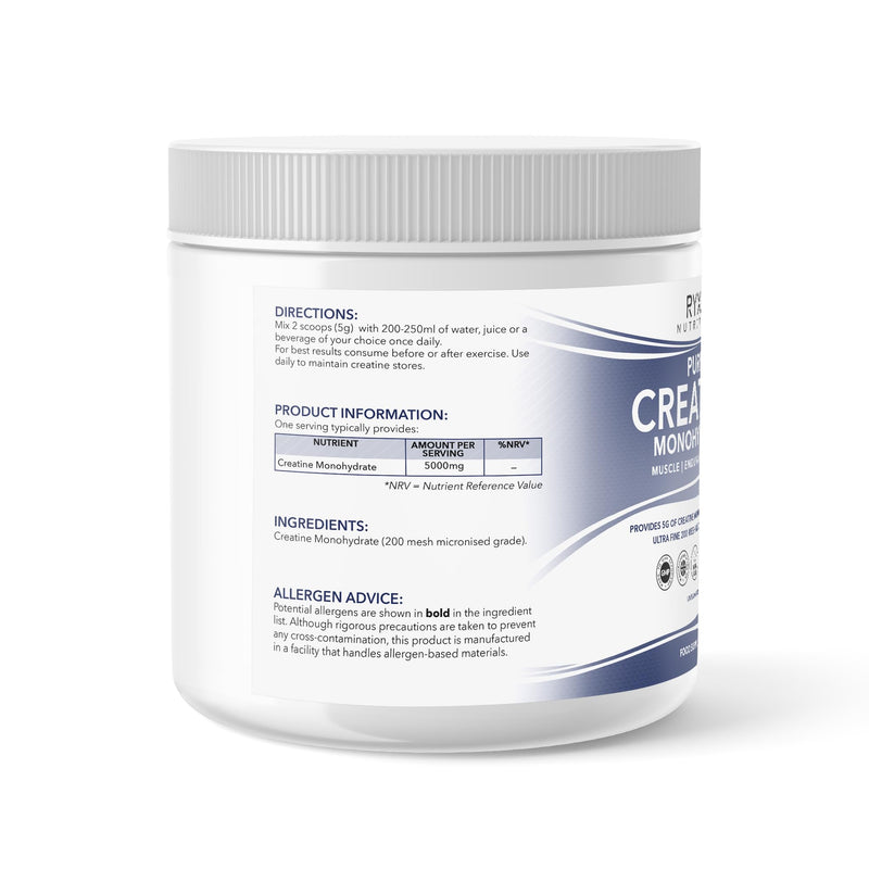 RYXX Pure Creatine Monohydrate 500g | 5g Per Serving | Micronised Unflavoured Creatine Powder for Strength Training, Gym & High Intensity Performance | 100 Servings