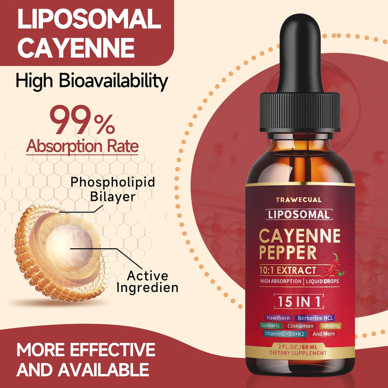 [Australia] - 15 in1 Liposomal Cayenne Pepper Liquid Drops Supplement, with Vitamin D3 K2, Hawthorn, Berberine HCL, Beet Root, Turmeric, Cinnamon, Digestion, Circulatory Heath Support- 2 Fl Oz for 30 Days 2 Fl Oz (Pack of 1) 