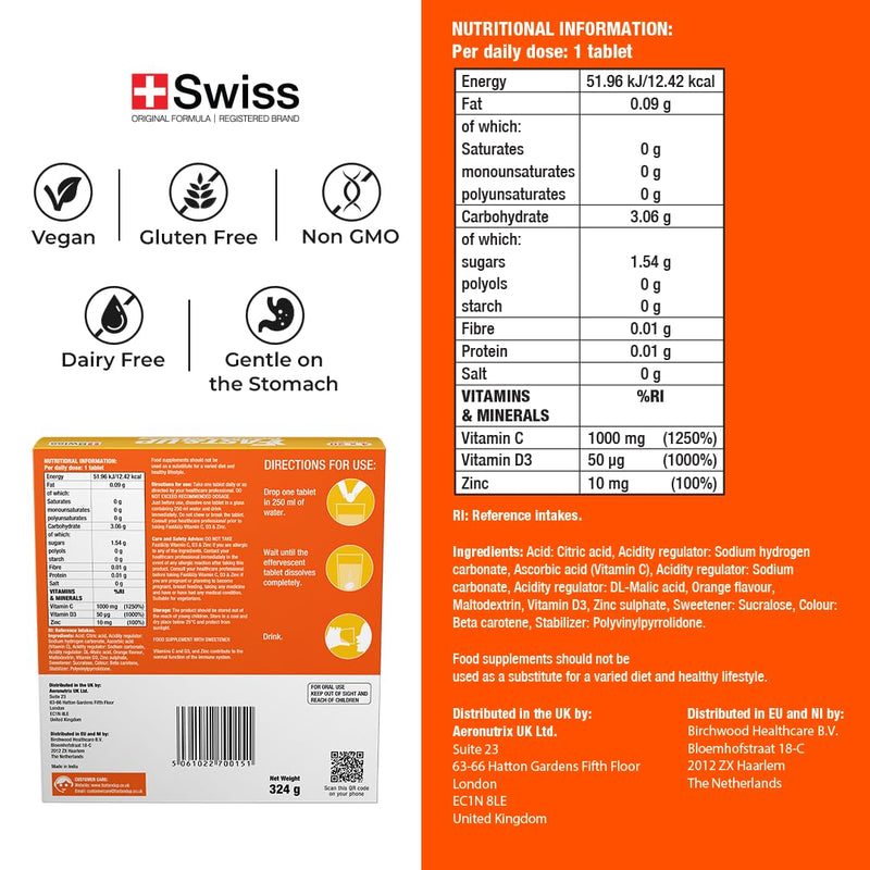 Fast&Up Vitamin C, Vitamin D & Zinc - 80 Effervescent Tablets (4 X 20) - Saver Multipack - Complete Immunity Booster - One Daily - Orange Flavour 80 count (Pack of 1)