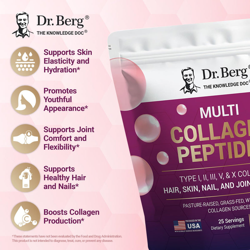 Dr. Berg Multi Collagen Peptides Powder Types I, II, III, V, X - Unflavored Collagen Powder w/ 14 g of Protein - Grass-Fed, Pasture-Raised & Wild-Caught Collagen Sources - 25 Servings 14.1 Ounce (Pack of 1)