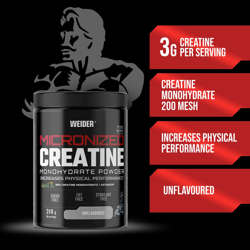 Weider Micronized Creatine Monohydrate Powder (310g) UnFlavoured, 99% Creatine Monohydrate 200 Mesh Ultrafine with AstraGin, No Sugar, No Fat, Vegan, Increases Physical Performance (90 Servings)