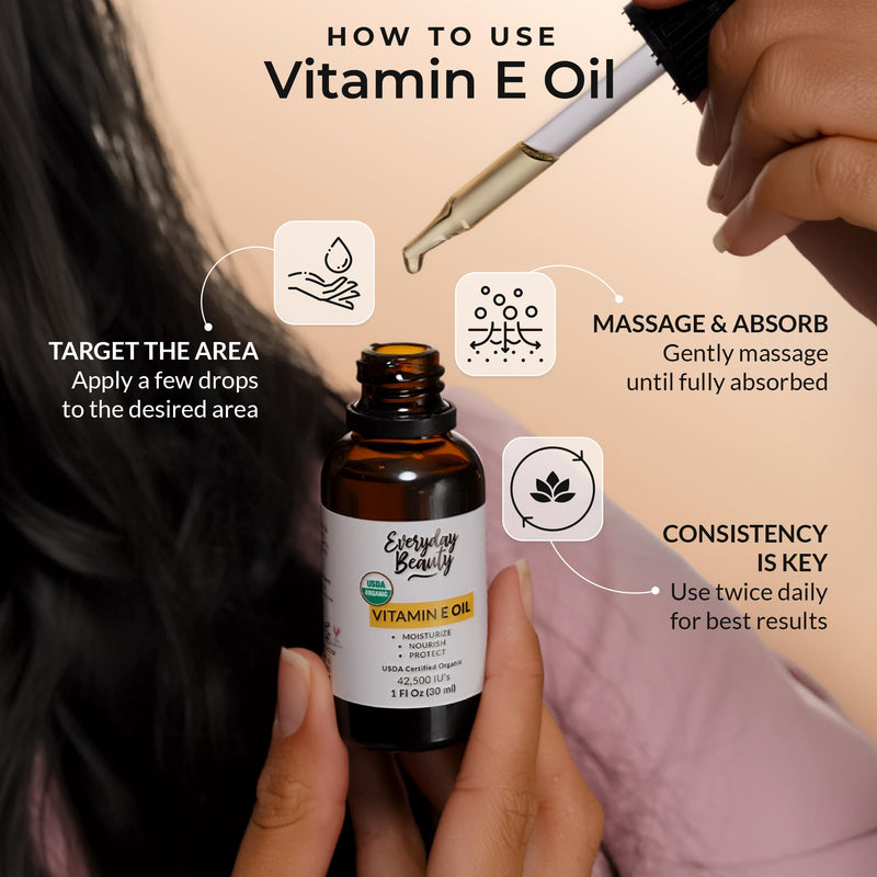 Organic Vitamin E Oil – Certified Organic Blend of Vitamin E - Deeply Hydrating Care for Face, Skin, Hair, Scars – Antioxidant-Rich, Fragrance-Free, and Gentle on Skin - 1 Fl Oz Glass Dropper & Bottle