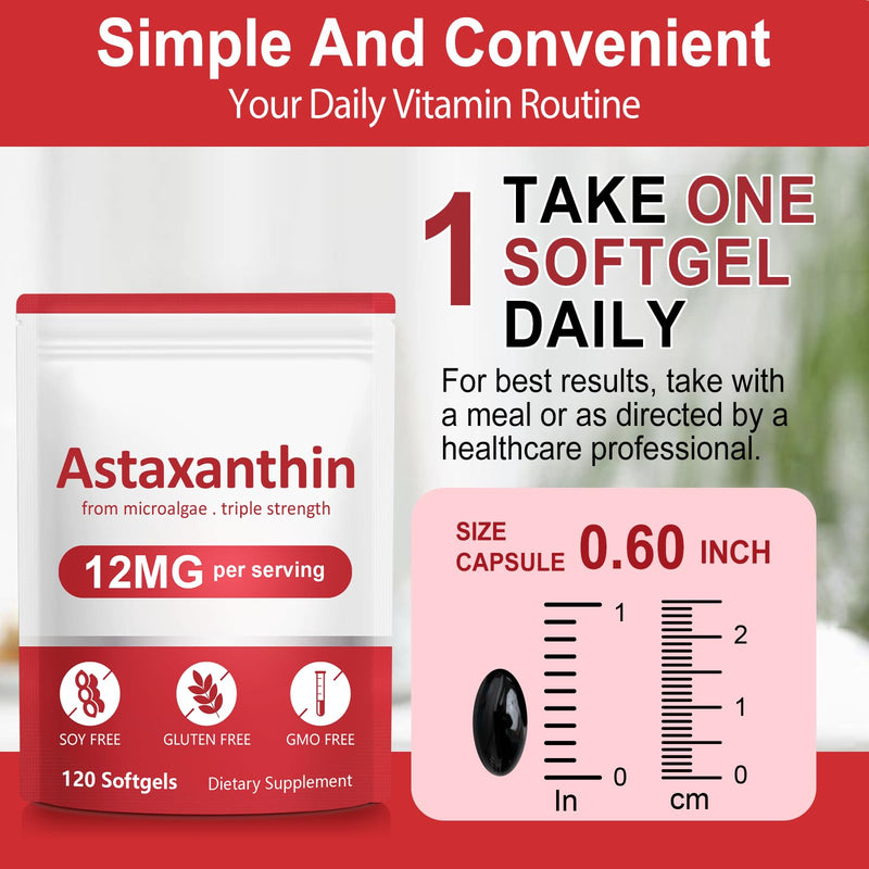 Astaxanthin 12mg, 120 Softgels Premium Astaxanthin Antioxidant Supplements, Support Eye, Joint, Immune & Skin Health, Naturally Sourced from Haematococcus Pluvialis Algae, Non-GMO & No Gluten (1) 1