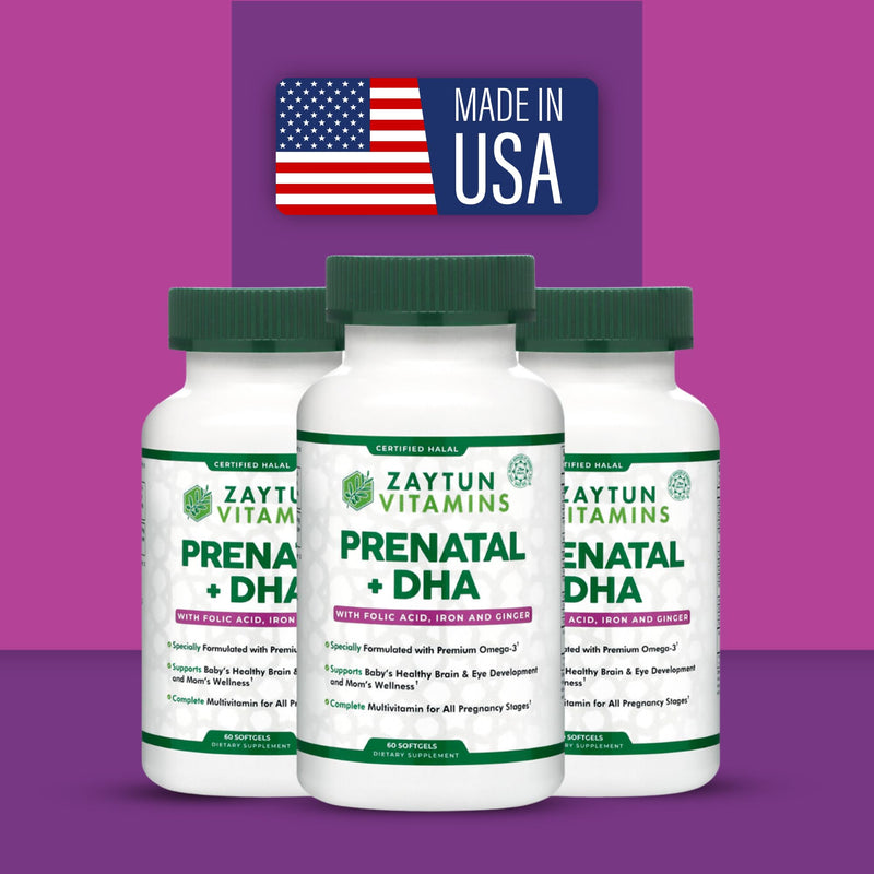 Zaytun Vitamins Halal Prenatal Vitamins + DHA, Folic Acid Iron, Ginger for Soothing, One Daily, for All Pregnancy Stages, Gluten Free, Non-GMO, 60 Softgels, 2 Months Supply, USA Made, Halal Vitamins 60 Count (Pack of 1)