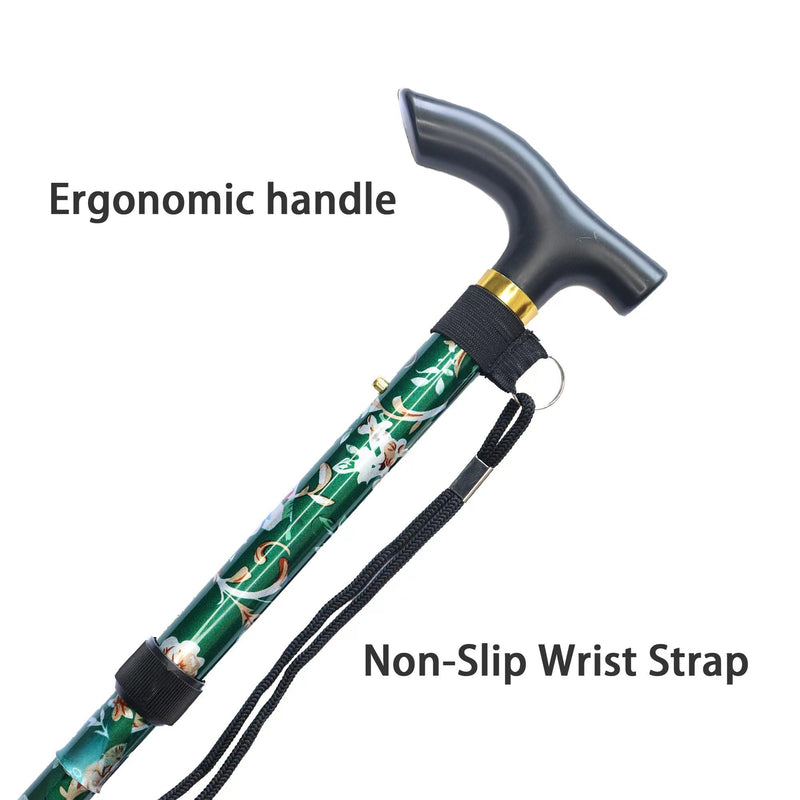 [Australia] - Folding Cane, 5-Level Adjustable Height Lightweight Portable Foldable Walking Canes with Wrist Strap and T Handle for Men Women Seniors Floral Green 