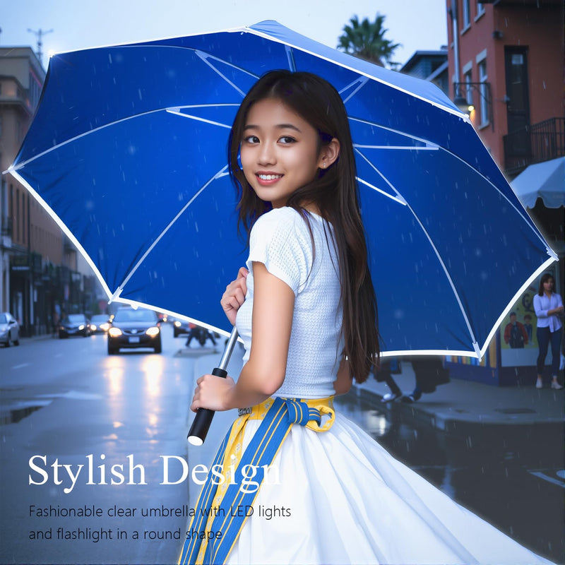 Auto-Open Light Up LED Rain Umbrella,32" Handheld Sun Wind Umbrella with Bottom Flashlight and Safety Reflective Strip for All Ages Boys/Girls/Adults