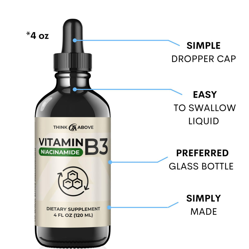 Liquid Vitamin B3 (as Niacinamide) Supplement - Non Flush Form of Niacin - Fast Absorption -Convenient Niacin Drops for Women and Men - 4 oz (120ml ) 4 Fl Oz (Pack of 1)